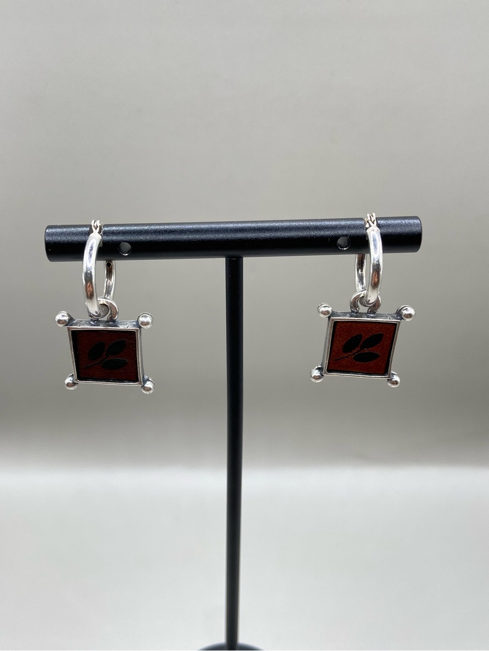Handcrafted Sterling Silver Metal Square Leaf Inlay Hoop Earrings